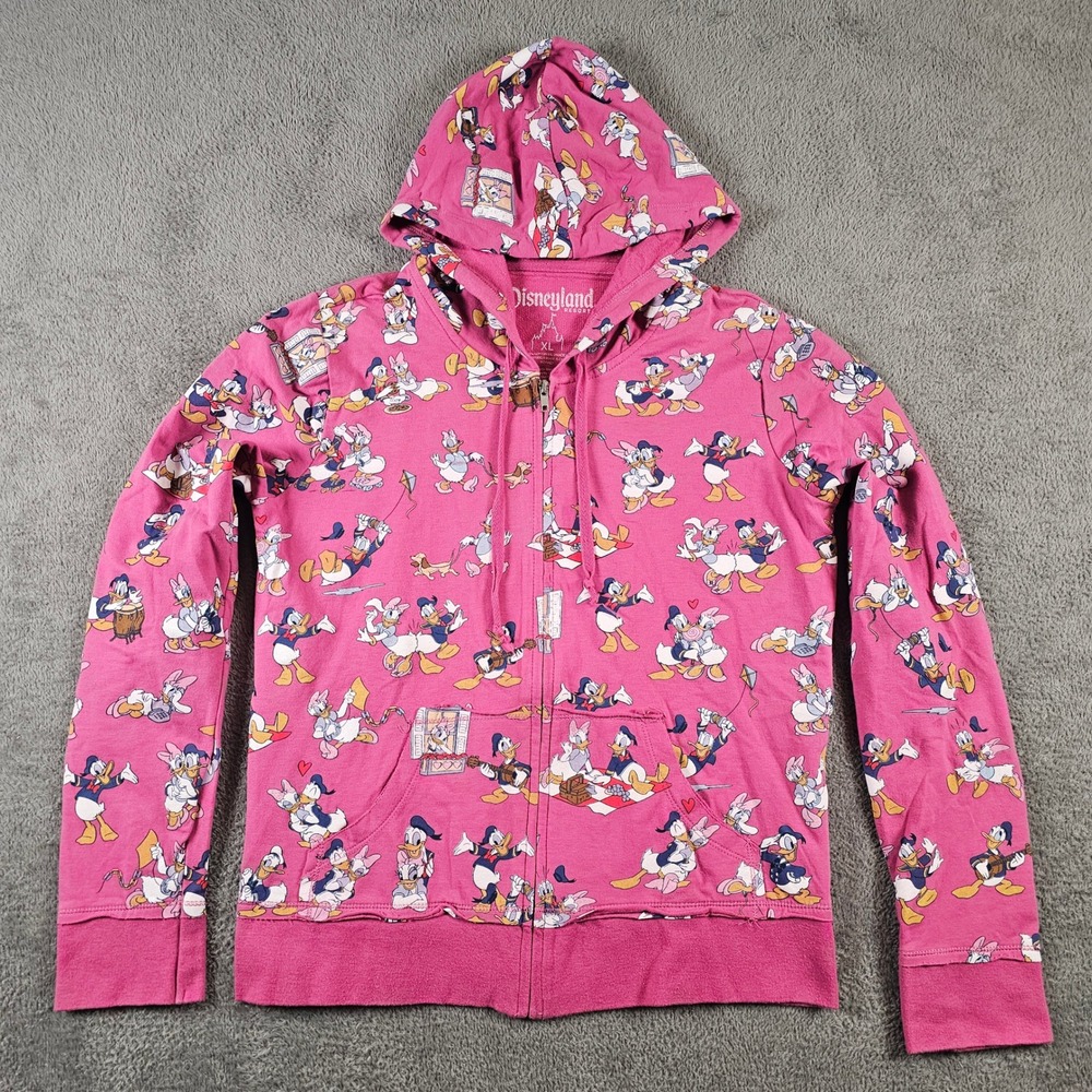 Disneyland Resort Girls XL Pink Donald and‎ Daisy Duck All Over Print Zip Hoodie
